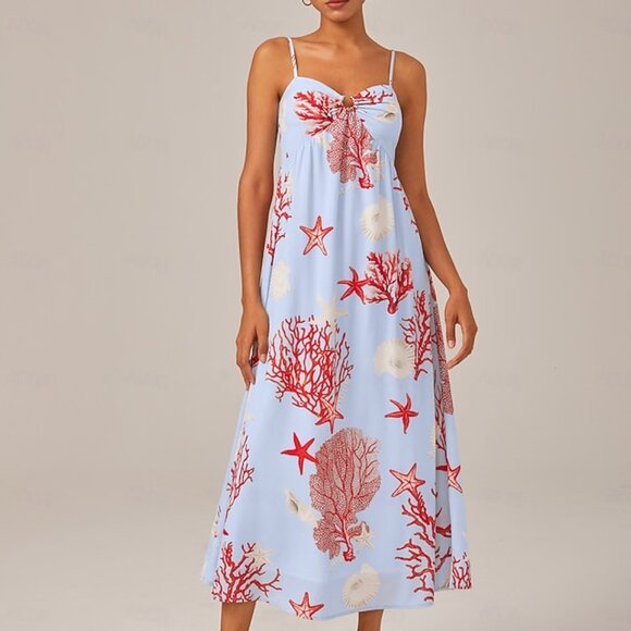 NWT - ADOR Sky BlueRed Ocean-Themed Vacation Island Beach Cami Dress, Medium - Picture 6 of 6